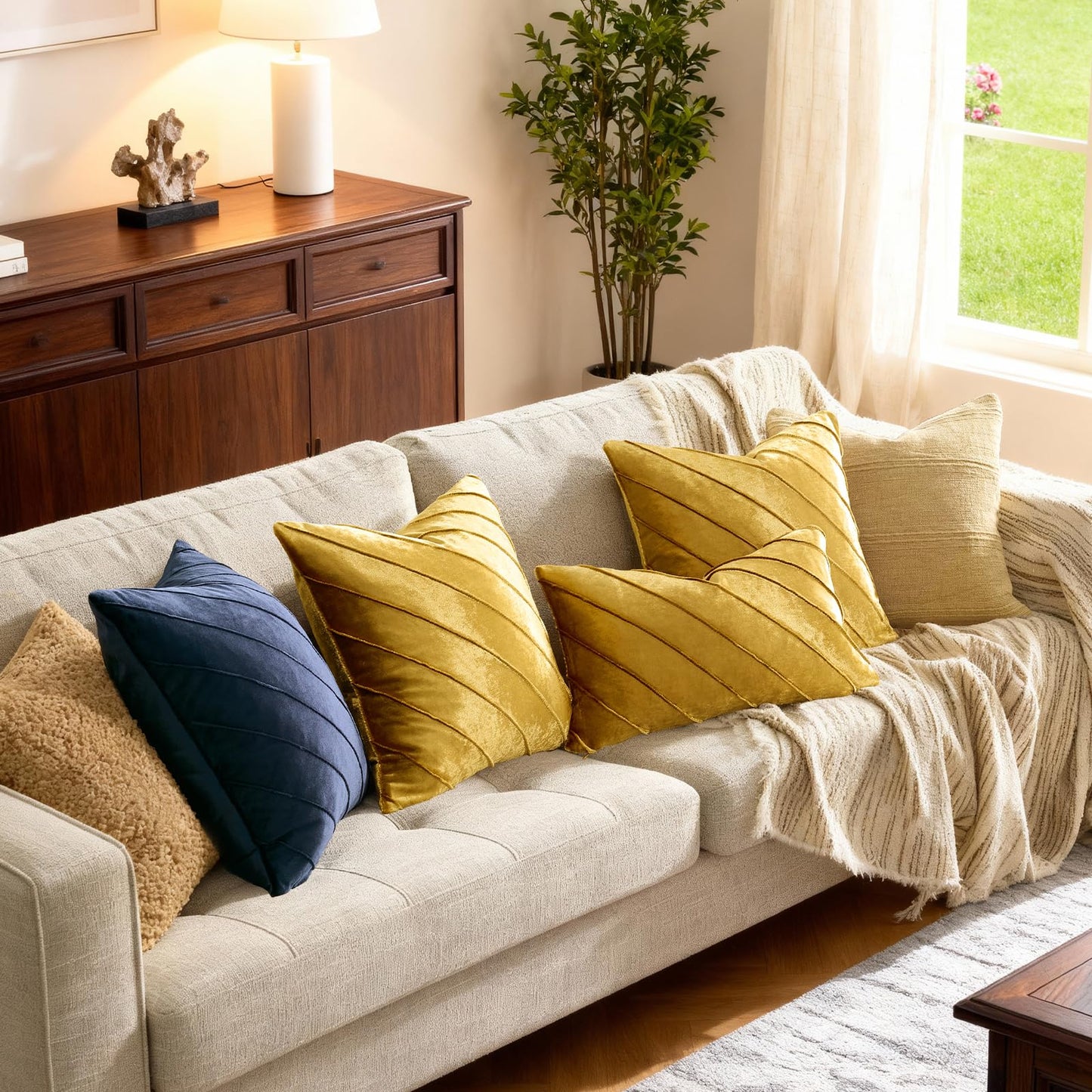 GIGIZAZA Decorative Velvet Pillow Covers 18x18, Set of 2 Gold Sofa Couch Throw Pillows Covers Cases, Living Room Square Cushion Accent Stripe Covers