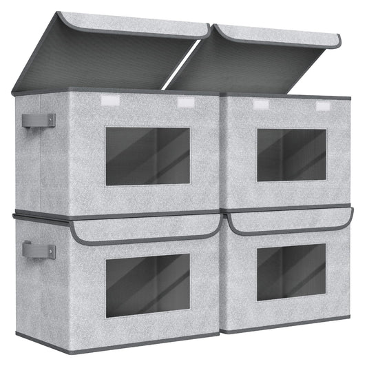 Univivi Fabric Foldable Storage Boxes [4-Pack] Large Collapsible Stackable Storage Bins with Lids, Closet Organizers and Storage Cube Basket for Home, Office, Bedroom (Gray, 17“ x 12” x 12")