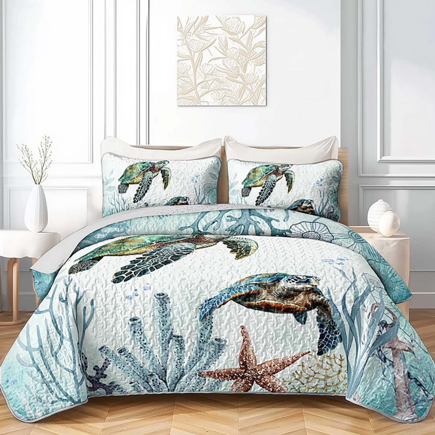AILONEN Sea Turtle Bedding Quilt Set King Size,Teal Blue Ocean Beach Coastal Bedspread Coverlet,3 Pieces Soft Lightweight Quilt & 2 Pillowcases