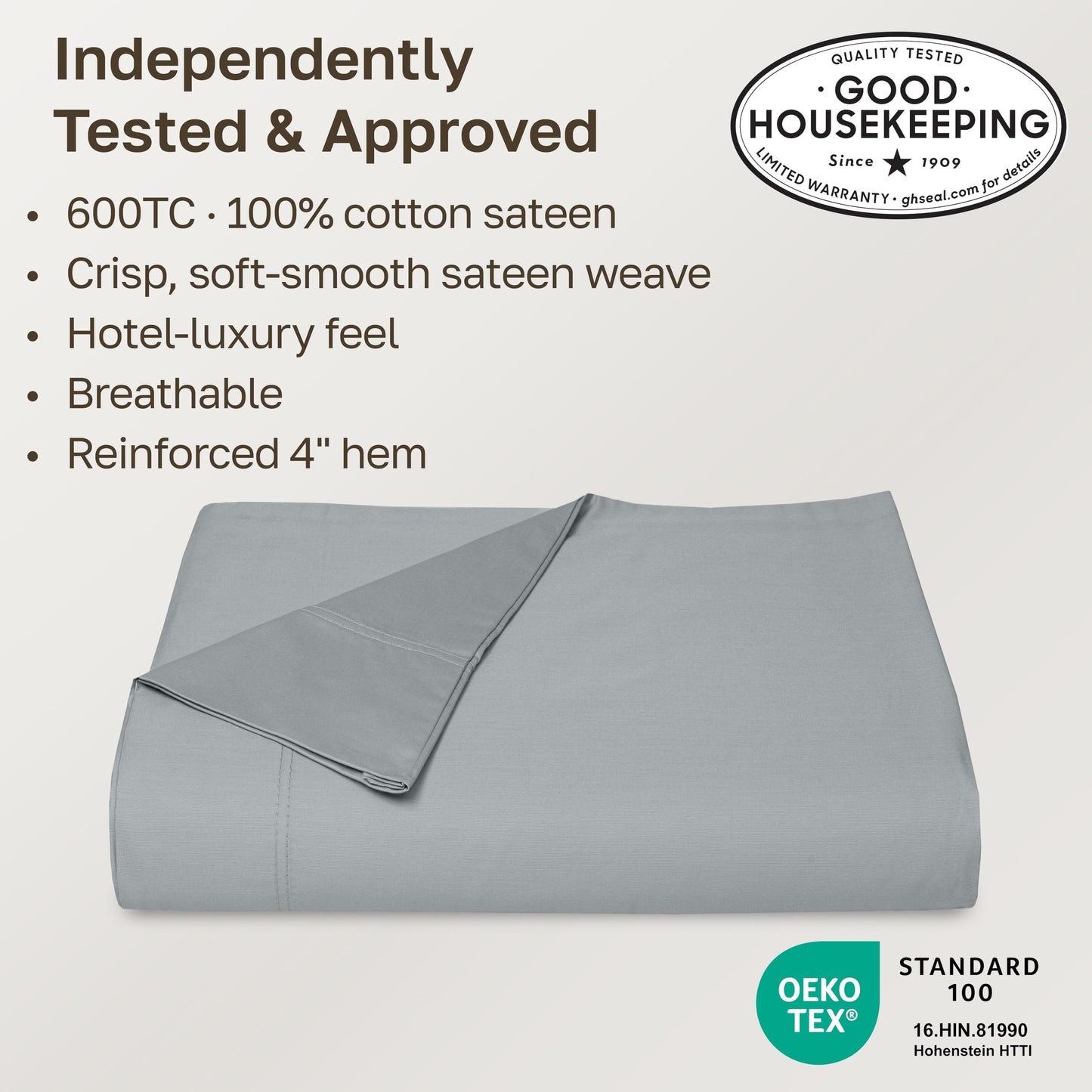 California Design Den King Size Flat Sheet Only - 100% Cotton, 600 Thread Count, Soft and Breathable Top Sheet, Sateen Weave, Premium-Feel Bedding, Featuring Foot Side Indicator - Light Grey