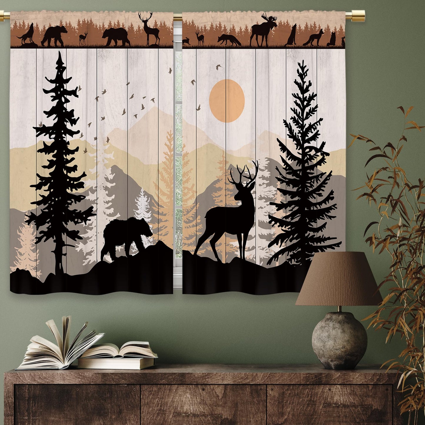 Laifzere Farmhouse Forest Cabin Kitchen Curtains Rustic Wooden Small Short Cafe Window Curtains Tree Country Deer Bear Rod Pocket Bathroom Window Drapes Treatment Tier Curtains 2 Panels (27.5x39 Inch)