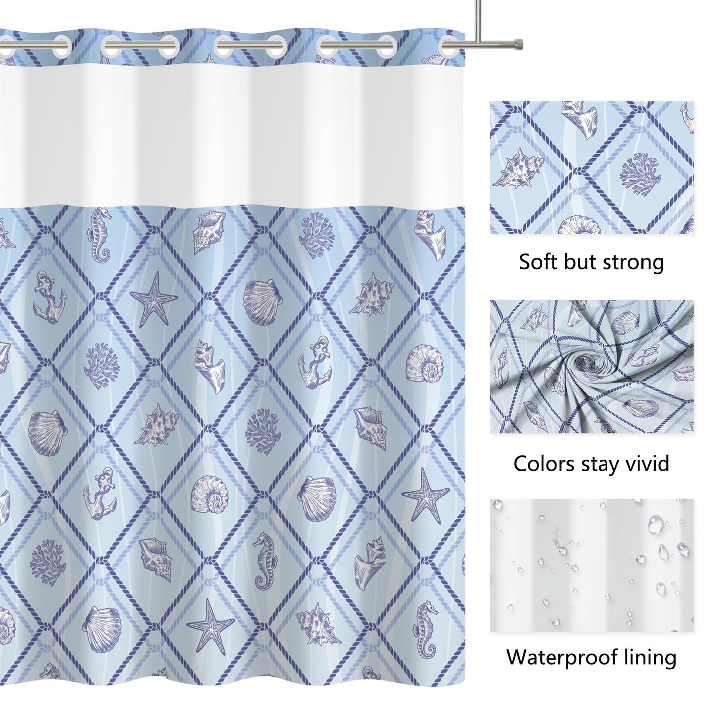 Xiazhilaio No Hook Ocean Shower Curtain with Snap in Liner 71W x 74H