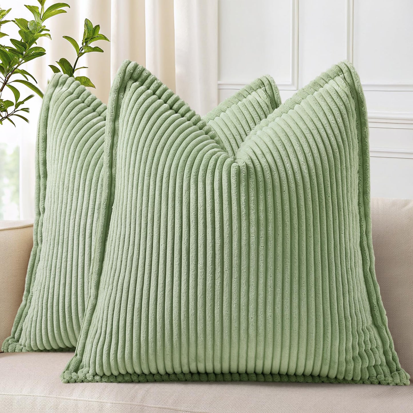 decorUhome Fall Corduroy Sage Green Euro Sham Throw Pillow Covers 22x22 Set of 2 Decorative Soft Boho Farmhouse Couch Pillow Covers for Living Room Bed Sofa Broadside Striped Pillow Cases