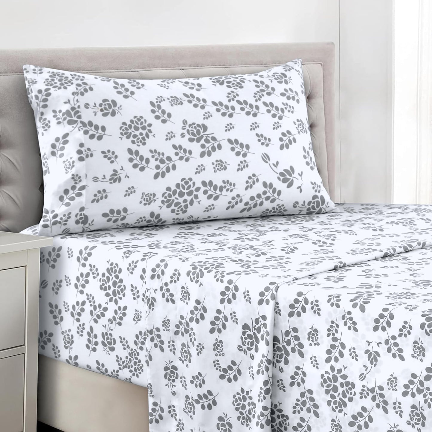 LUX Décor Floral Twin Sheet Set - 3 Piece Ultra-Soft Microfiber Bed Sheets with Flat Sheet, 16 Inches Deep Pocket Fitted Sheet & Pillowcases, Breathable, Bedroom Decor, Oeko-TEX - White Grey