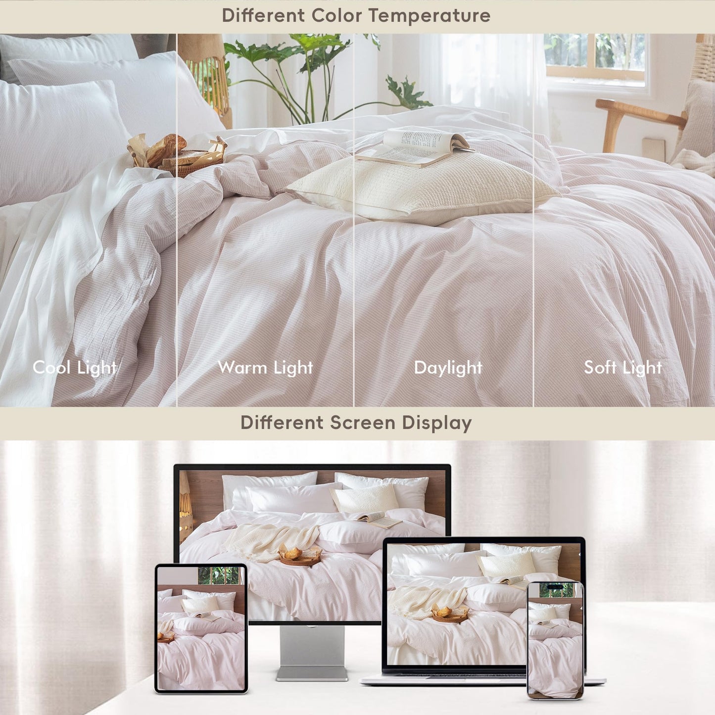 MooMee Striped Duvet Cover Set 100% Washed Cotton Linen Like Textured Breathable Durable Soft Comfy (Heathered Greyish Pink Pinstripes, Queen 90"x90")