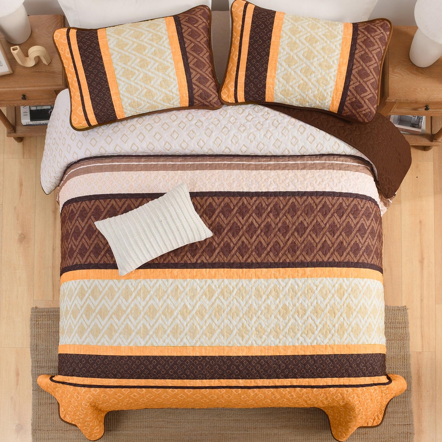 Dinjoy Boho Queen Quilt Set, Soft 3 Pieces Striped Bedspreads, Fall Orange Bedding Sets Micofiber Lightweight Quilts with 2 Pillow Shams Coverlet Bed Sets for Women Men 96''x90''