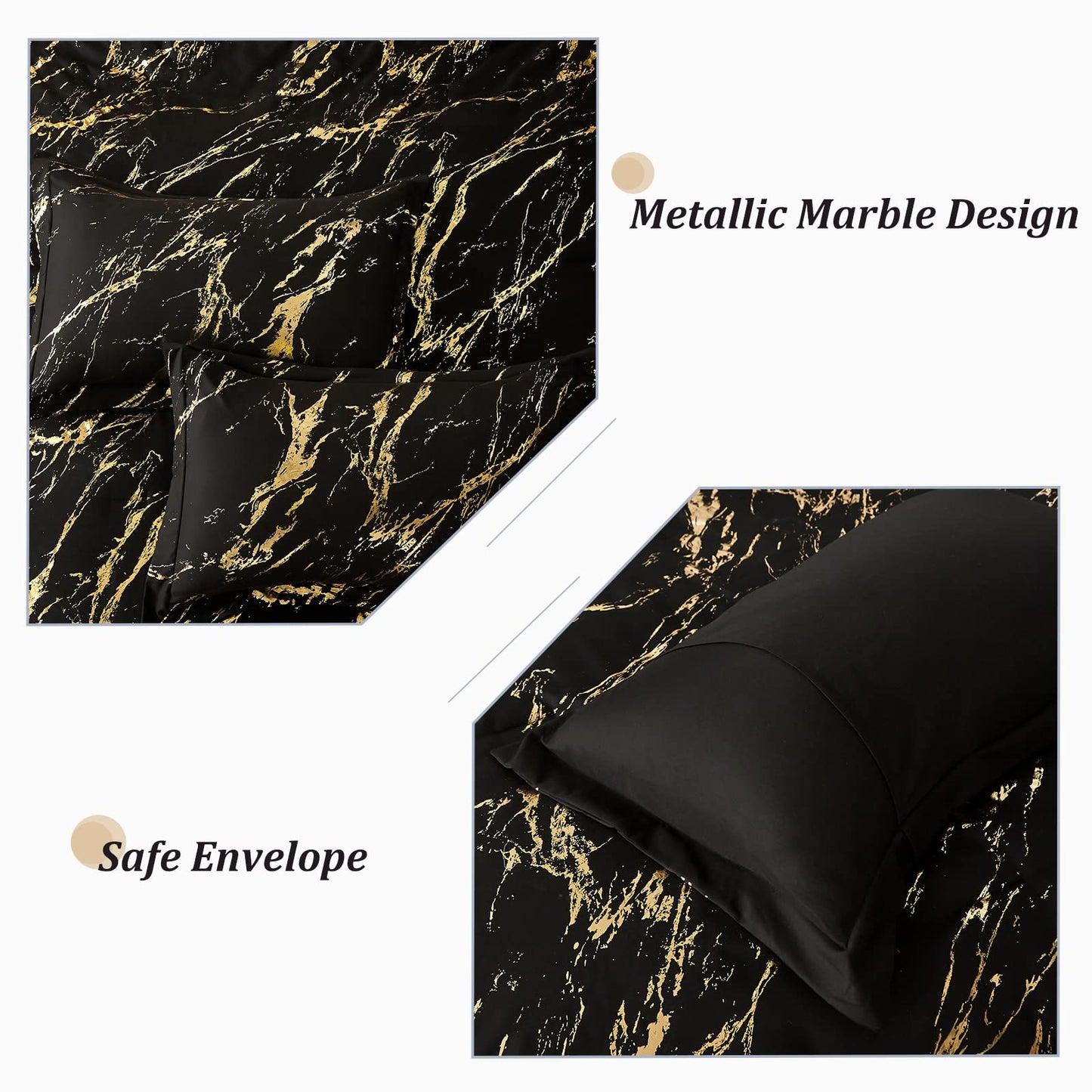 WONGS BEDDING Black Gold Metallic Marble Comforter Set Queen Foil Print Glitter Bedding Sets with 2 Pillowcases for All Seasons, Soft Microfiber Filling Bedding Duvet Set 90"x90"