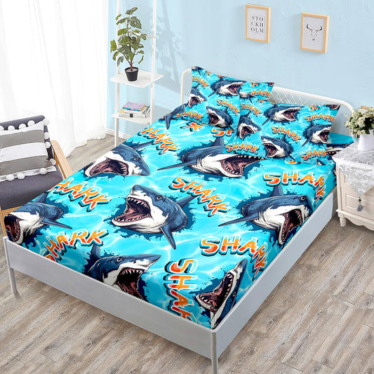 HOSIMA Shark Fitted Sheet Set Full Size,3D Shark Pattern Ocean Theme Bedding Set Full for Kids Boys,Sea Animal Collection Deep Pocket for Ocean Bedroom Decor,1 Fitted Sheet+2 Pillowcases.