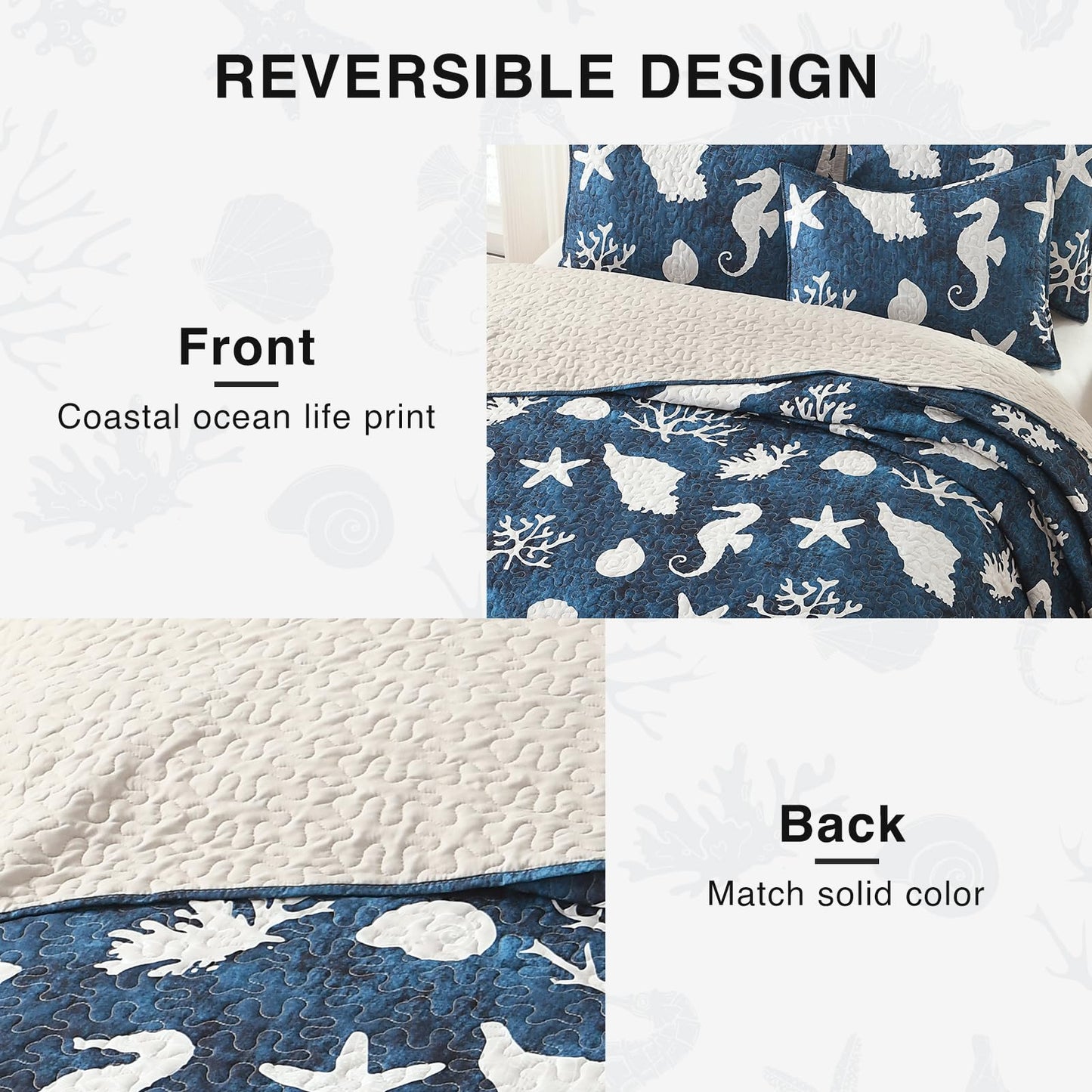 HORIMOTE HOME Coastal Quilt Bedding Set Queen Size, Reversible Navy Summer Beach Quilt Lightweight Ocean Nautical Comforter Tropical Bedspread Coverlet with 2 Pillow Shams for All Seasons (90"x96")