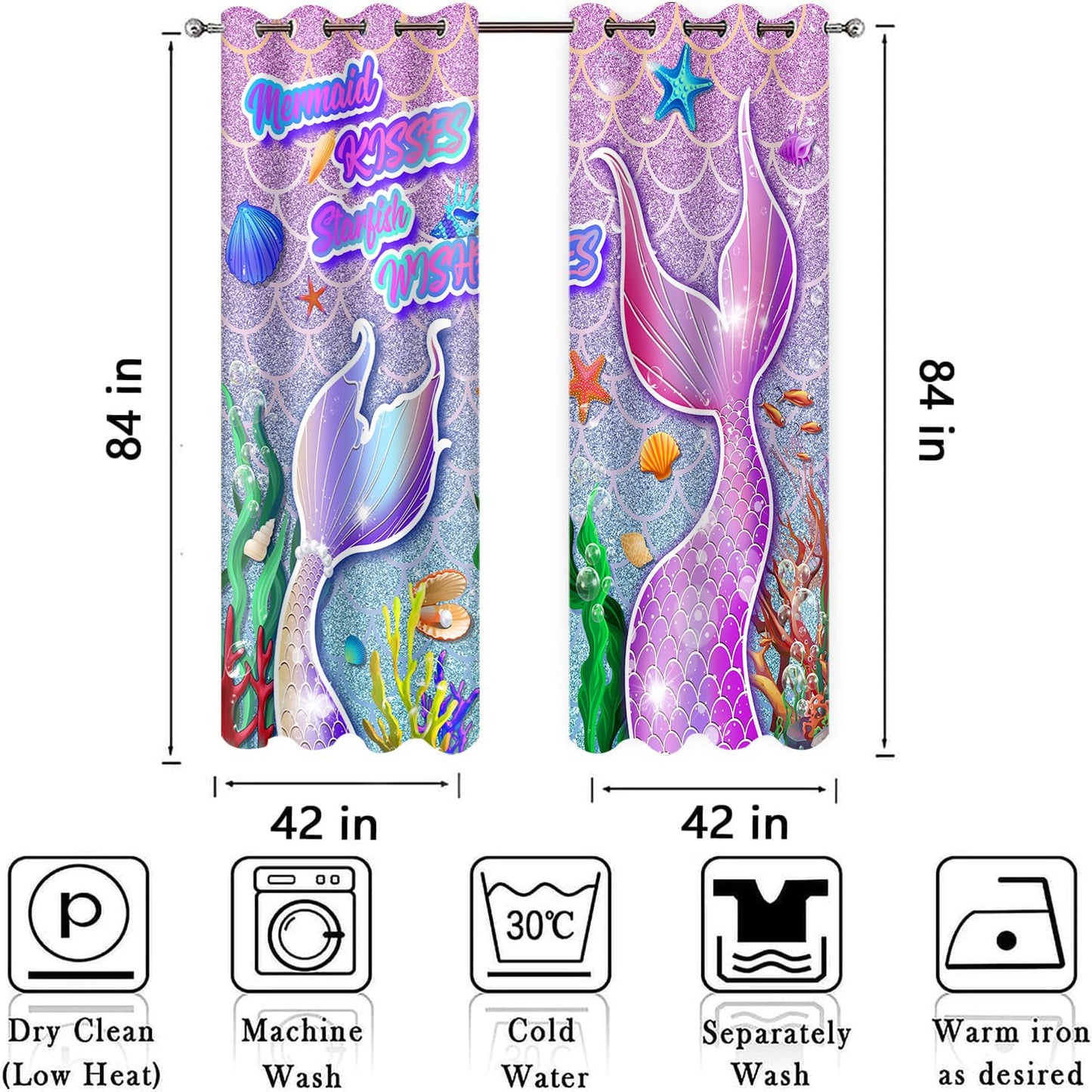 HIYSMT Mermaid Curtains for Girls Bedroom,4284inch Rainbow Fantasy Shining Fairy Fish Tail Little Mermaid Blackout Curtain,Princess Ocean Drapes for Kids Room,2 Panels HI03DX