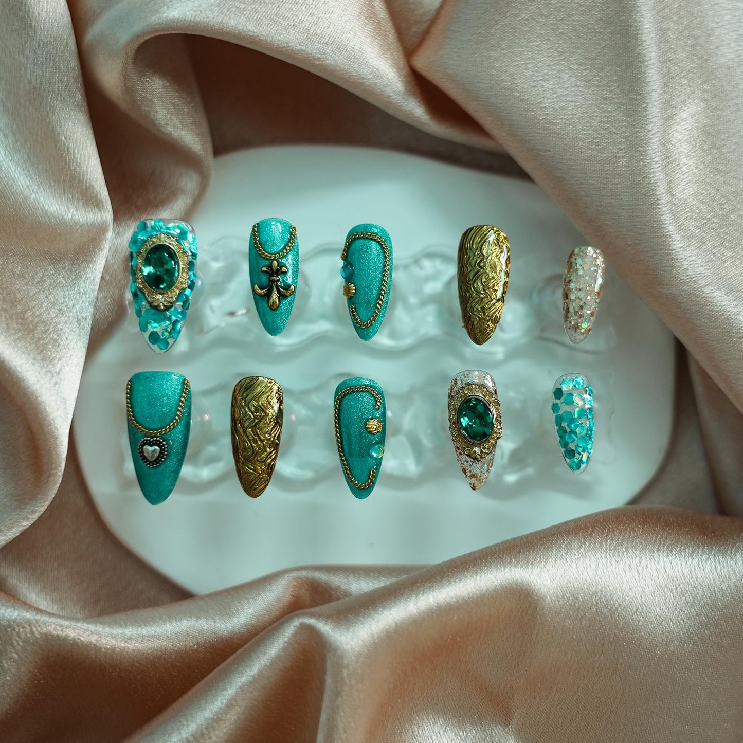 Tesytto Luxury Vintage Press on Nails Medium Almond, Handmade 3D Gemstone & Glitter Design Green Gold Acrylic Nails, Reusable False Nails (Exotic Flair,M)