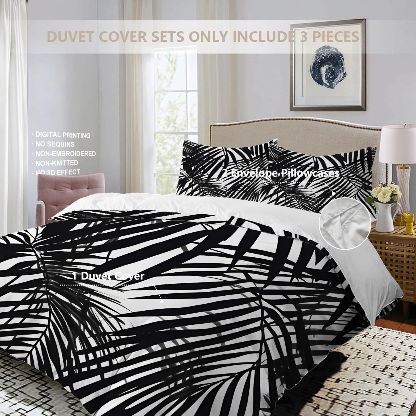 BaoNews Black White Foliage Plants 100% Cotton Duvet Cover Set Full Size, Palm Leaf Bold Lines Tropical Theme Bedding Sets Soft Comforter Cover with Zipper Closure and 2 Pillowcases(No Filler)