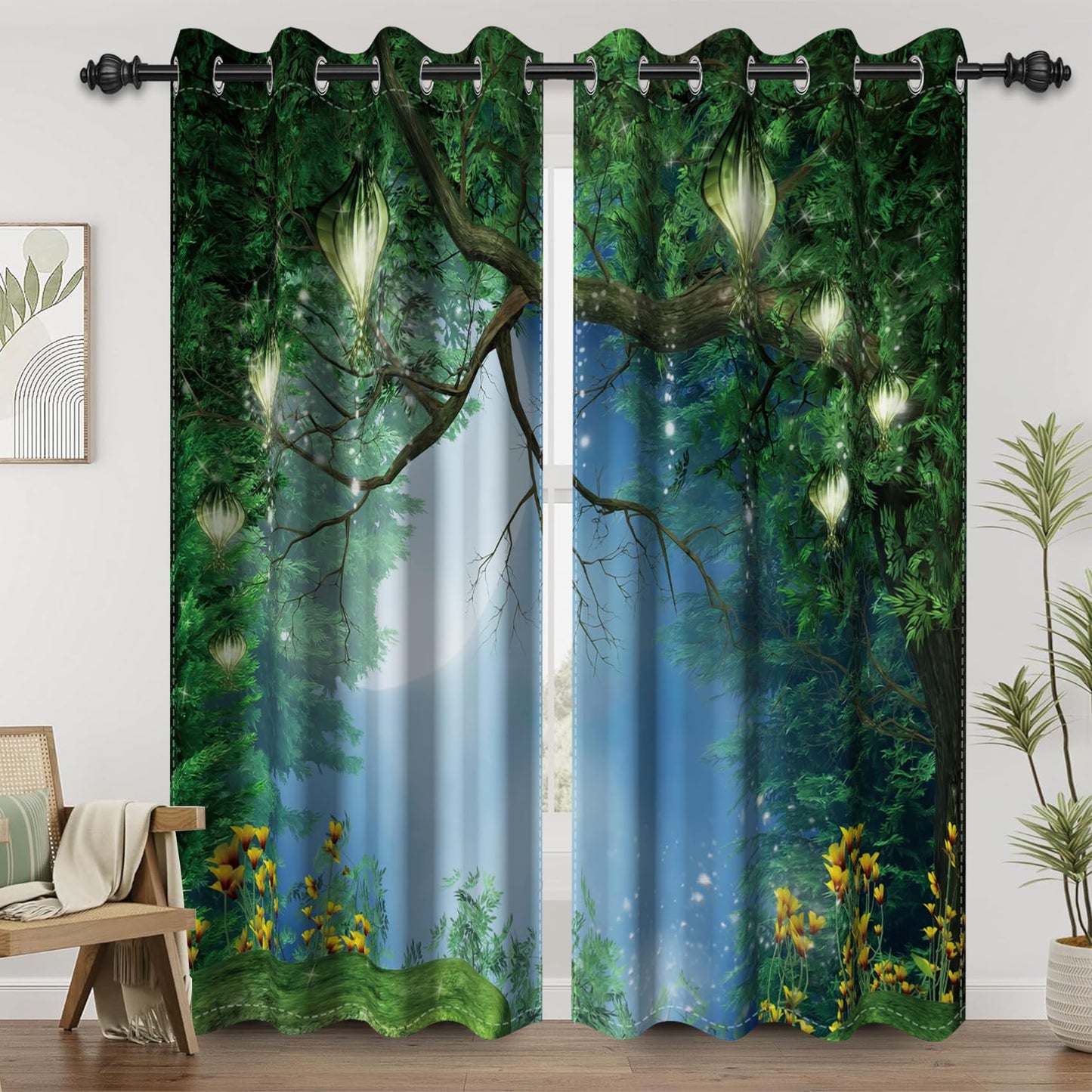 Renaiss Enchanted Forest Blackout Curtains for Bedroom Fairy Tales Magic Tree Full Moon Lanterns Window Curtain Wonderland Window Drapes for Living Room Darkening Curtains 2 Panels Set, 42x63 Inch