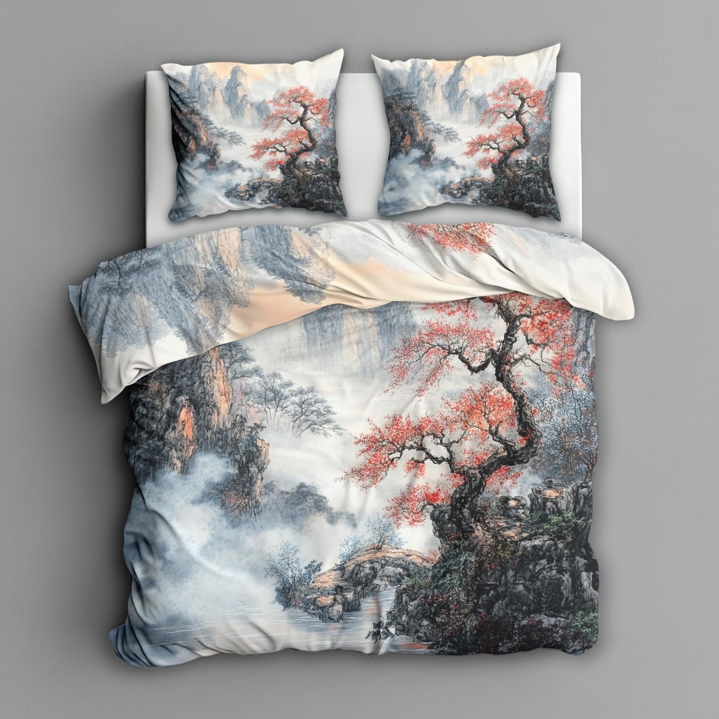 zcwl Chinese Landscape Duvet Cover Oversized King Size | Mountain Tree Bedding Set | 3 Piece | Soft Microfiber Patterned Comforter Cover with Zipper Ties & 2 Pillowcases | Nature Scenery Bedroom Decor