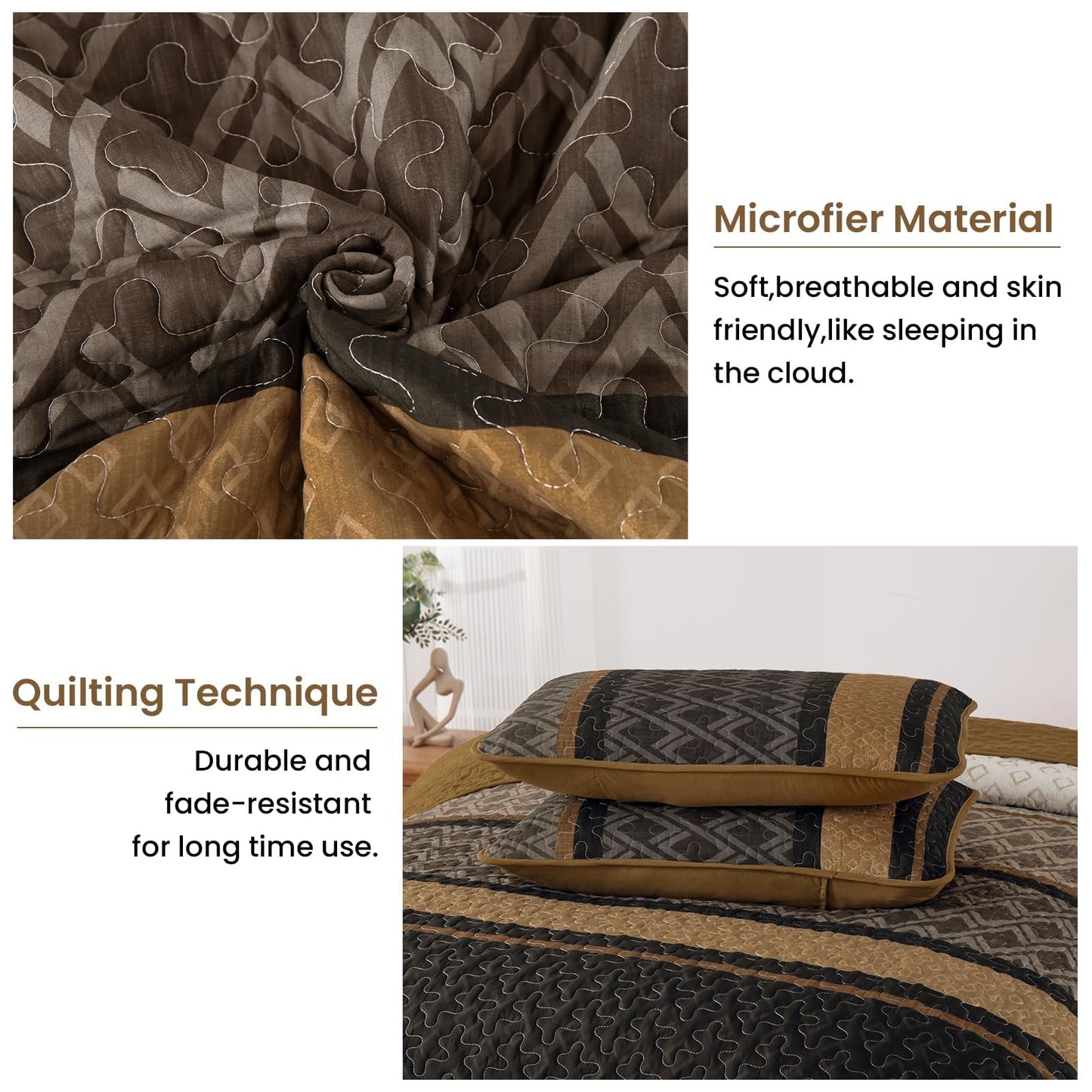 Dinjoy Queen Quilt Set Brown,Striped Bedspread Queen Size, Fall Bedding Sets 3 Pieces Micofiber Lightweight Quilts with 2 Pillow Shams Coverlet Bed Sets for Women Men 96''x90''