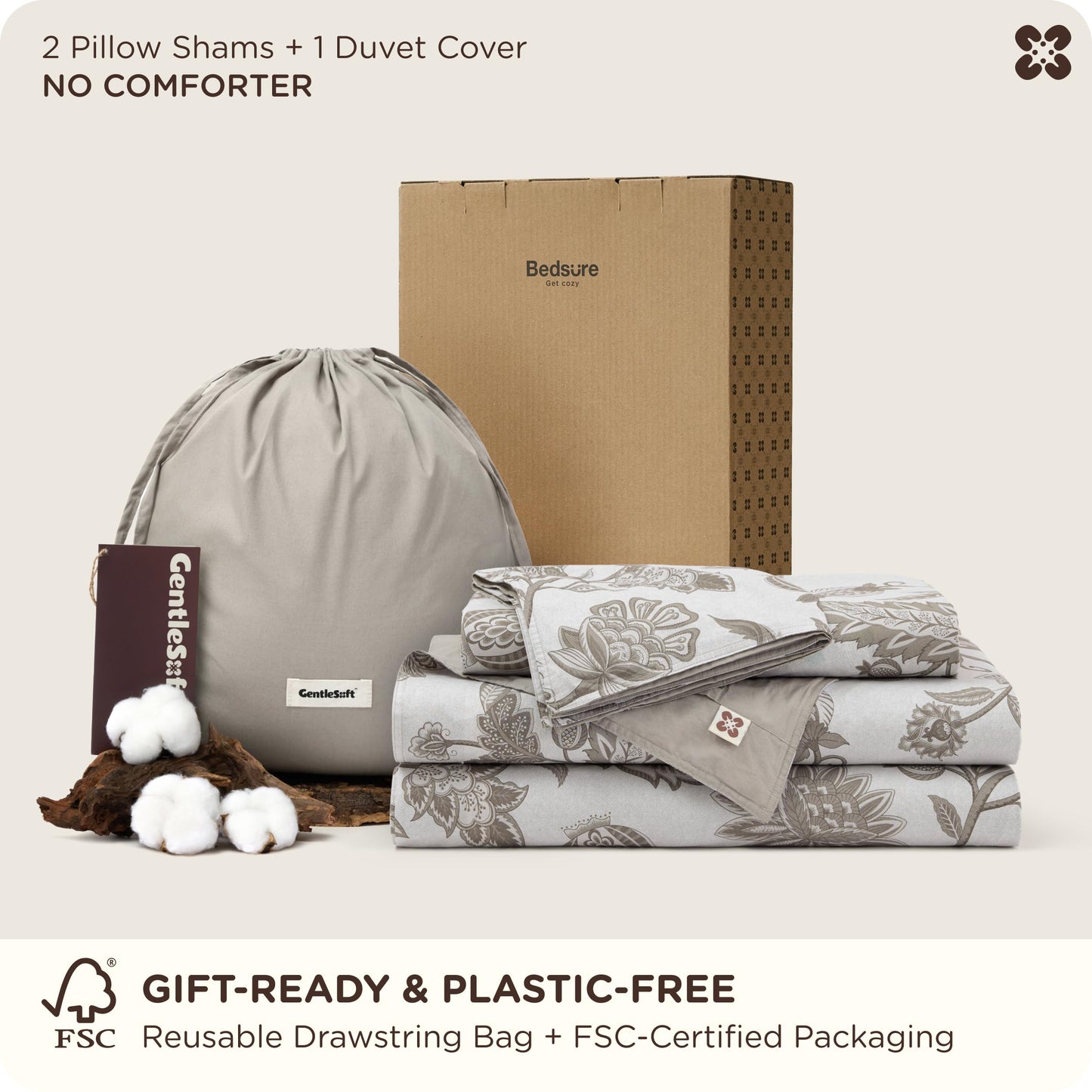 Bedsure Floral Duvet Cover Queen Size - 100% Cotton Reversible Entwined Vines Pattern Duvet Cover Set, 3 Pieces Soft & Breathable PureWoven Bedding Set with 2 Pillow Shams (Linen Vines, 90"x90")