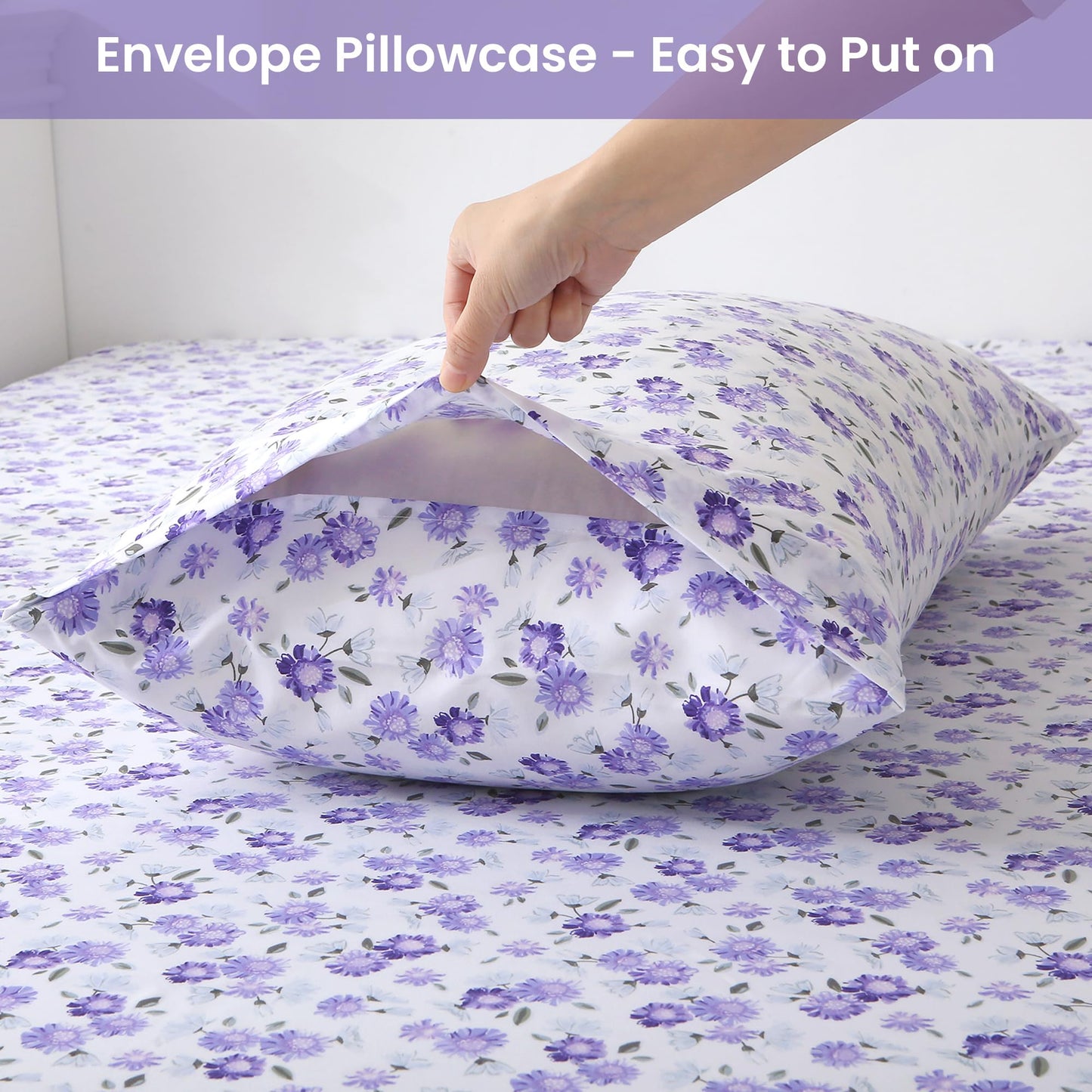 Softan Puple Floral Full Sheet Set, 4-Piece Microfiber Printed Fitted Sheet with 15" Deep Pockets & Non-Slip Straps, White Flower Patterned Double Bedding Sheets & Pillowcase Set