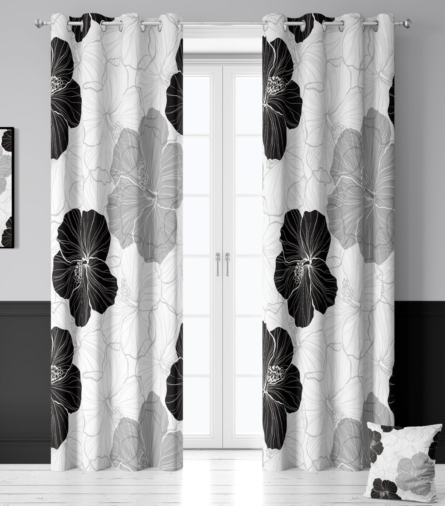 LADYVOGUE 100% Blackout Curtains 2 Panels Set Black White Grey Floral Black Out Curtain Gray Flower Chic Thermal Insulated Window Treatments Decor for Living Room Bedroom Darkening Curtain 52x84 Inch