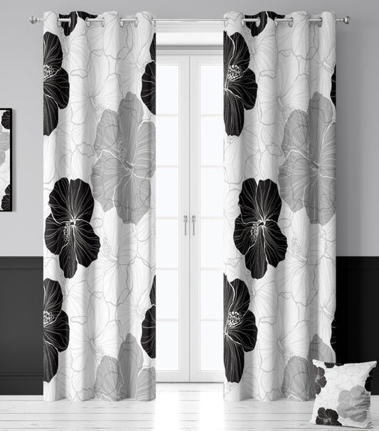 LADYVOGUE 100% Blackout Curtains 2 Panels Set Black White Grey Floral Black Out Curtain Gray Flower Chic Thermal Insulated Window Treatments Decor for Living Room Bedroom Darkening Curtain 52x84 Inch