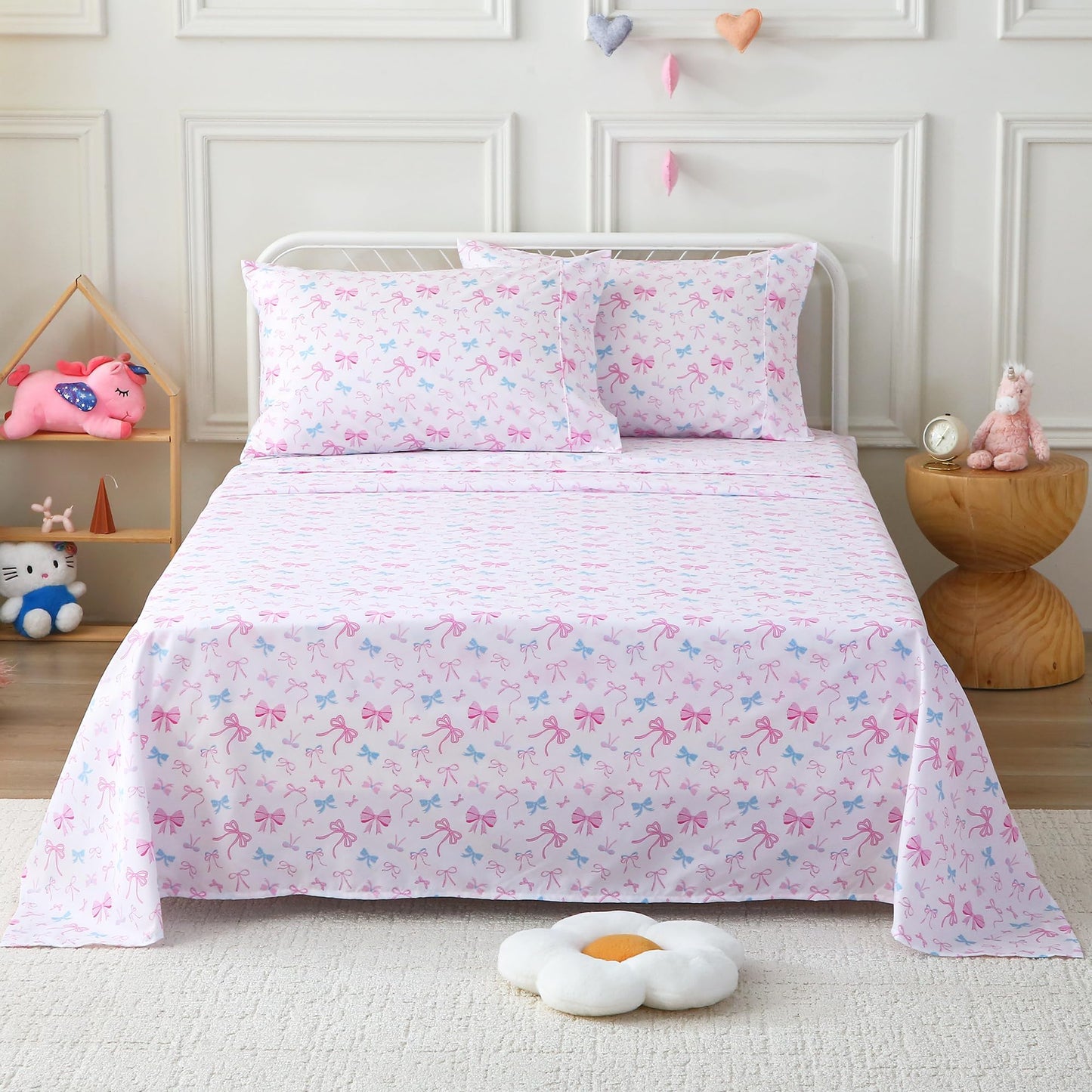 Softan Kids Bed Sheet Set, Girls Full Size Kids Sheets, Microfiber Fitted Sheet and Pillowcase, Breathable and Silky Soft, 4 Piece Colourful Bowknot Printed Full Bed Sheet