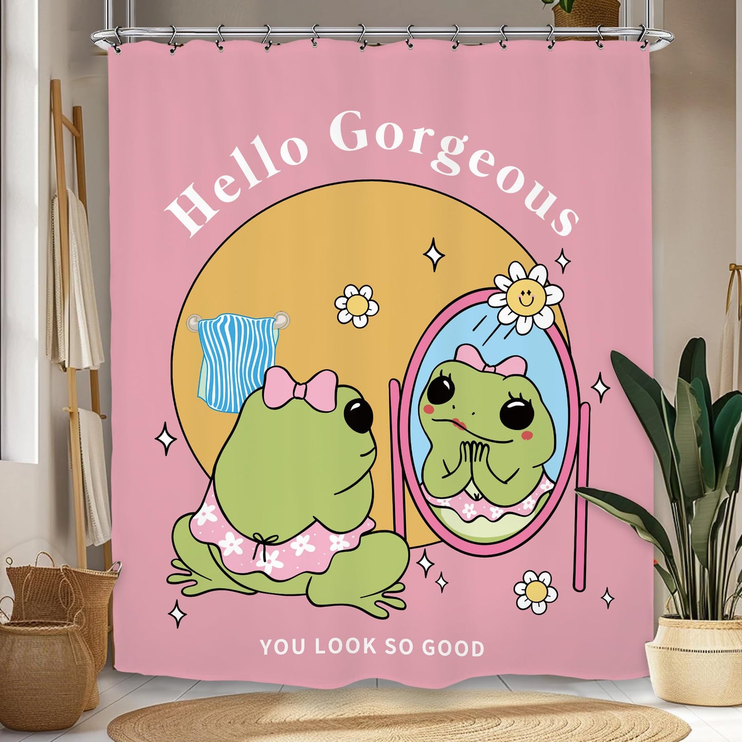 Kalmico Funny Frog Girl Self Love Shower Curtain 60Wx72L Inch Cute Hello Gorgeous Animal Hilarious Lovely Kids Pink Y2K Bathroom Set Accessories Decor with 12 Pack Hooks
