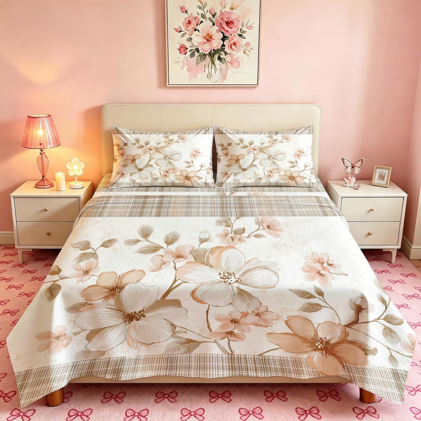 Plaid and Floral Queen Sheet Set Farmhouse Flat Fitted Sheet Sets