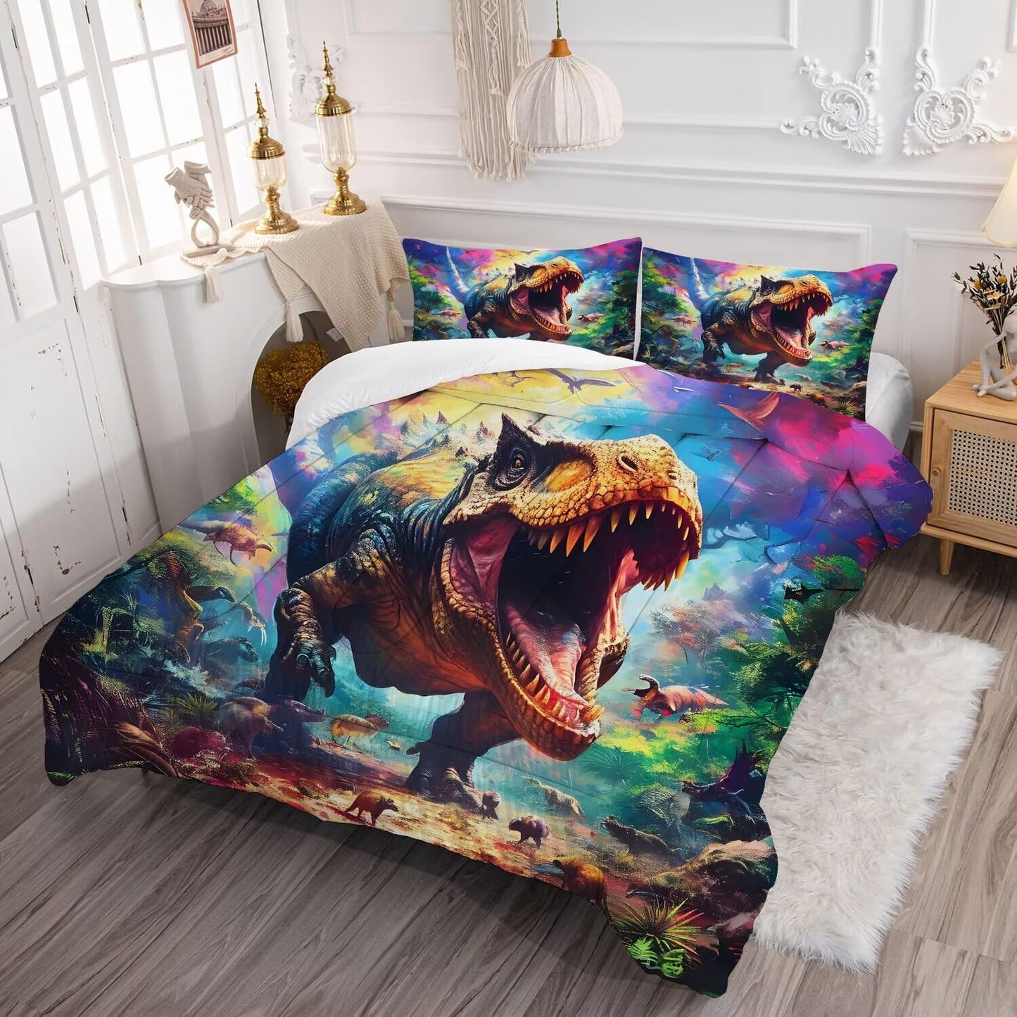VTKON Kids Dinosaur Comforter Set Full Size for Boys Tie Dye Dino Quilt Set Soft Microfiber Dino Bed Set for All Season Use Dinosaur Bedding Set with 1 Comforter + 2 Pillowcases