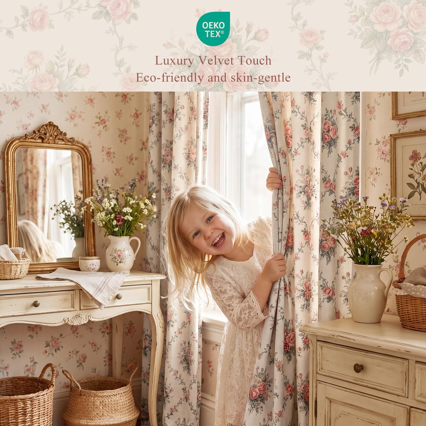 StangH French Country Rose Floral Velvet Curtains, Cream Shabby Chic Ribbon Bow Printed Window Drapes Romantic Privacy Panels for Girls Room Nursery, W52 x L84, 2 Panels