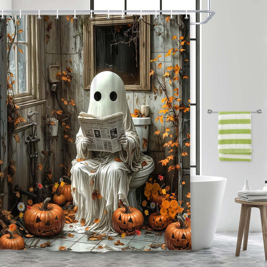 Funny Halloween Ghost Shower Curtain, Fancy Humor Ghost Sitting on Toilet Reading Newspaper Shower Curtains Set, Fall Pumpkin Print Waterproof Bath Curtain Bathroom Decor Set Vintage Gothic Horror