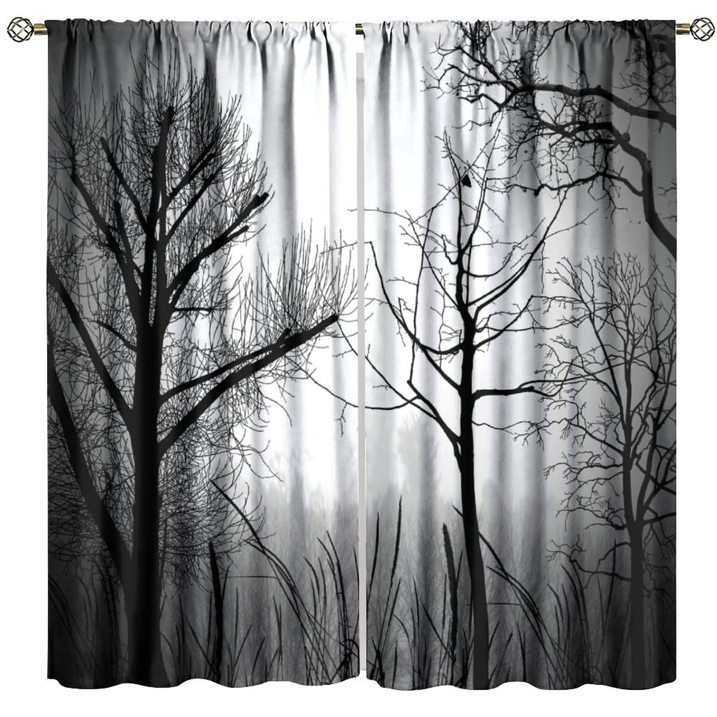 Gothic Black Pine Tree Forest Curtains - Mysterious Scenery, Gloomy Dark Dense Foggy Blackout Window Treatments for Living Room Bedroom - 42" W X 45" L