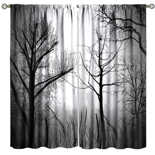Gothic Black Pine Tree Forest Curtains - Mysterious Scenery, Gloomy Dark Dense Foggy Blackout Window Treatments for Living Room Bedroom - 42" W X 45" L