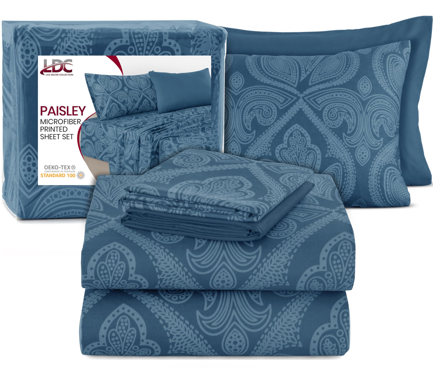 Ultra Soft Wrinkle-Free Microfiber Paisley Queen Sheet Set, Cute Floral Pattern Boho Print – 16" Deep Pocket Fitted Sheet, Flat Sheet & 4 Pillowcases, Breathable, OEKO-TEX - Navy Blue