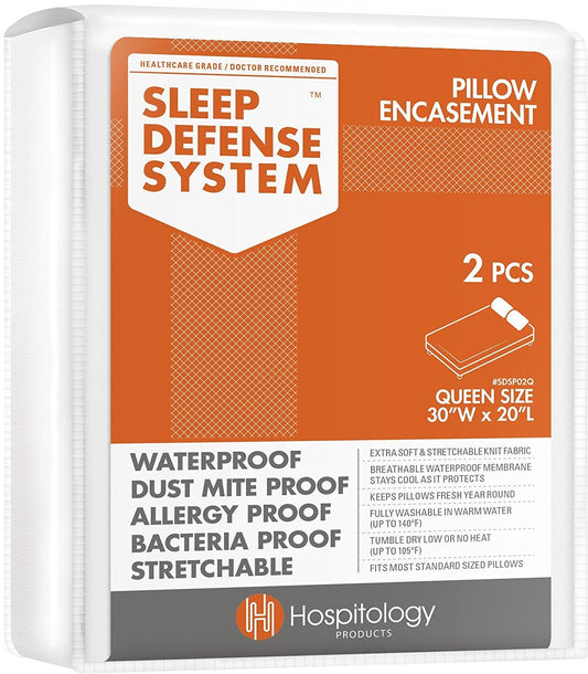 HOSPITOLOGY PRODUCTS Pillow Encasement- Zippered Bed Bug Dust Mite Proof Hypoallergenic - Sleep Defense System - Queen - Waterproof - Set of 2 - 20" H x 30" W