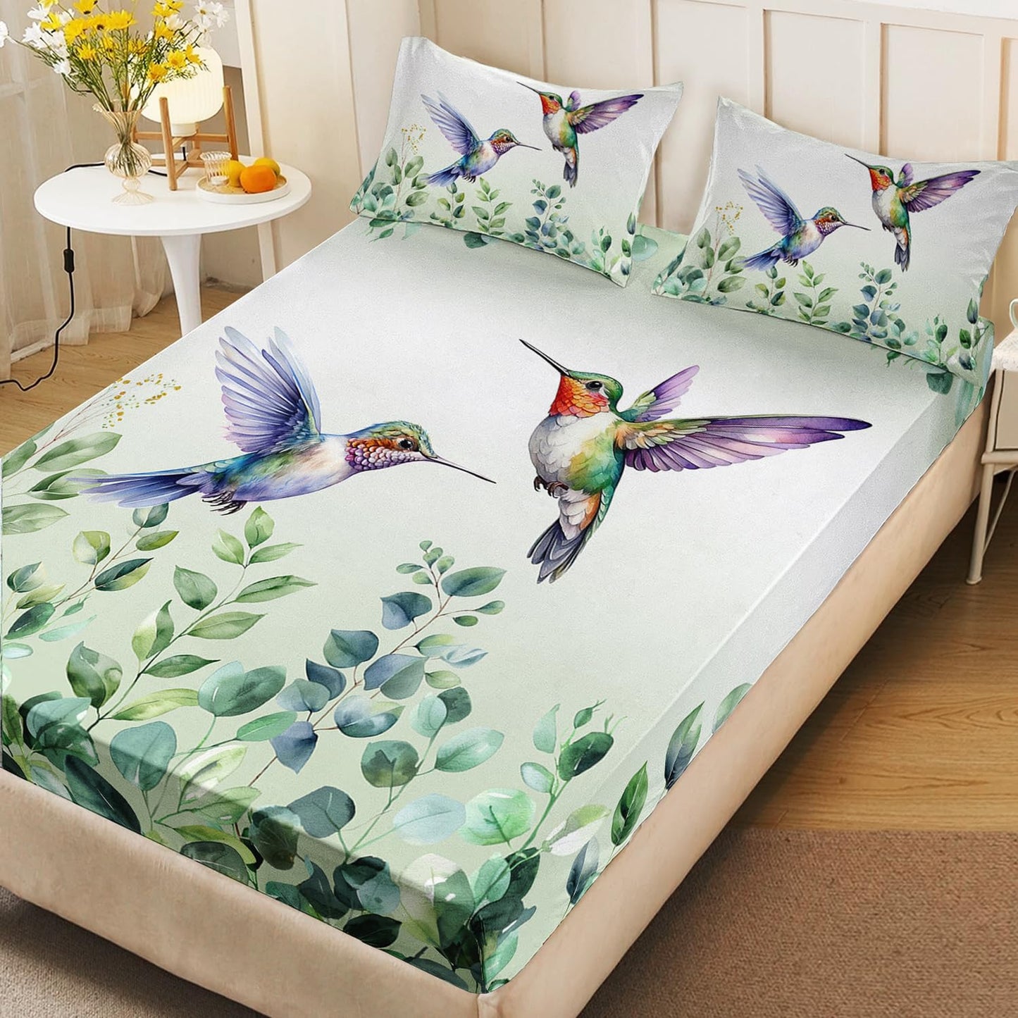 AILONEN Hummingbird Fitted Sheet Set Queen Size, Boho Green Forest Leaf Hummingbird Bedding Set for Kids Bedroom,Cute Birds Animals Themed Bedsheets Set,1 Fitted Sheet 2 Pillowcases,3-Piece