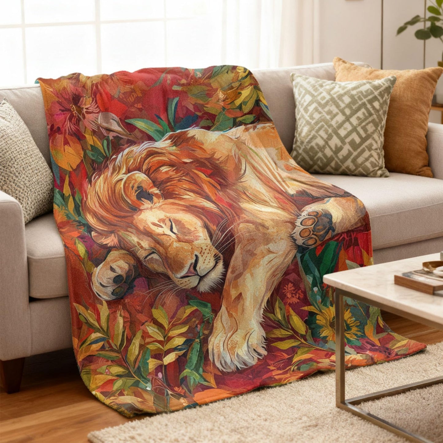 kampdream Lion Throw Blanket, Cozy Flannel Blanket with Sleeping Lion and Autumnal Foliage Design, Super Soft Nap Warm Blanket for Couch Sofa Chair Living Room Unique Gift Red 50×60 inch