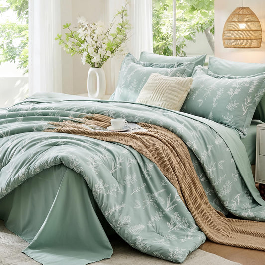 MUXHOMO King Comforter Set 7 Pieces, Sage Green Elegant Floral Print Bed in a Bag King, Ultra Soft & Breathable Reversible Botanical Pattern Bedding Set with Comforter, Sheets, Pillowcases, and Shams