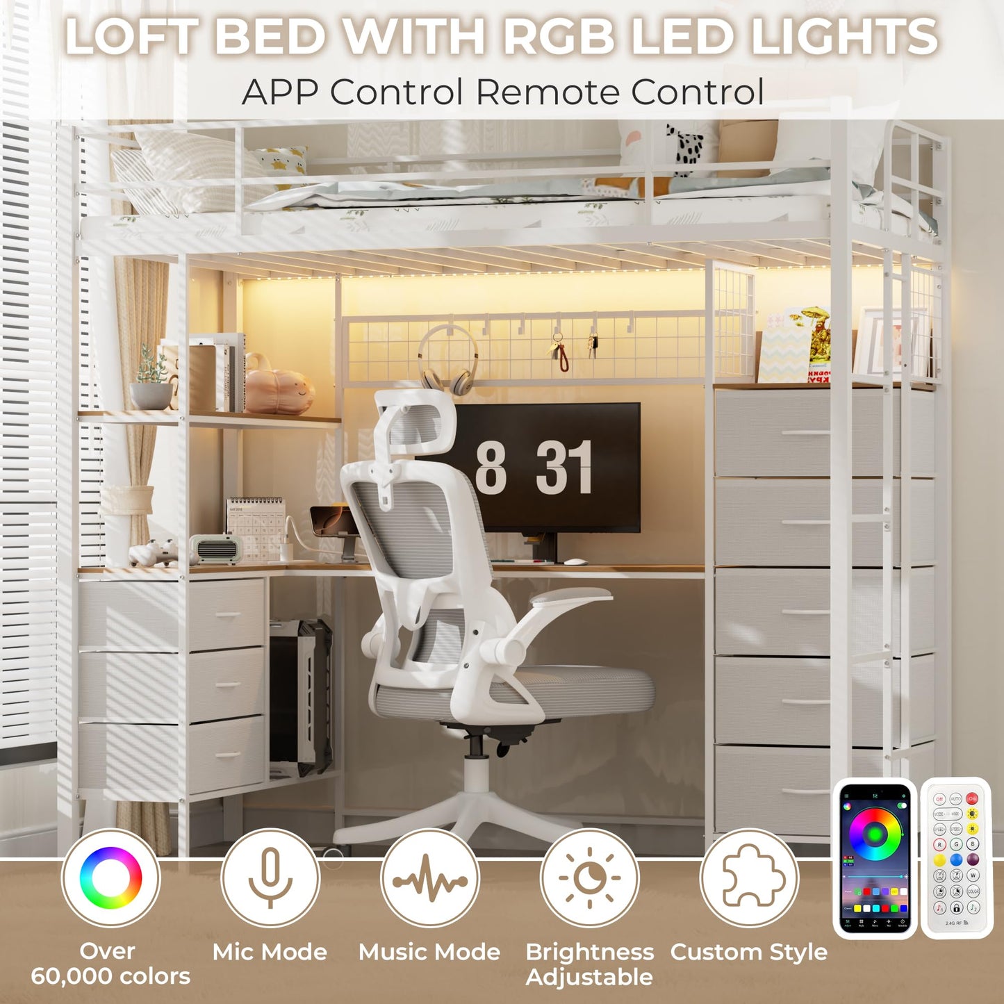 Godchoices Twin Size Loft Bed with L-Shaped Desk and 8 Storage Drawers, Metal Bunk Bed Frame with LED Lights,Power Outlet and 3 Storage Shelves,Twin Loft Bed with Safety Guardrail & Ladder (White)