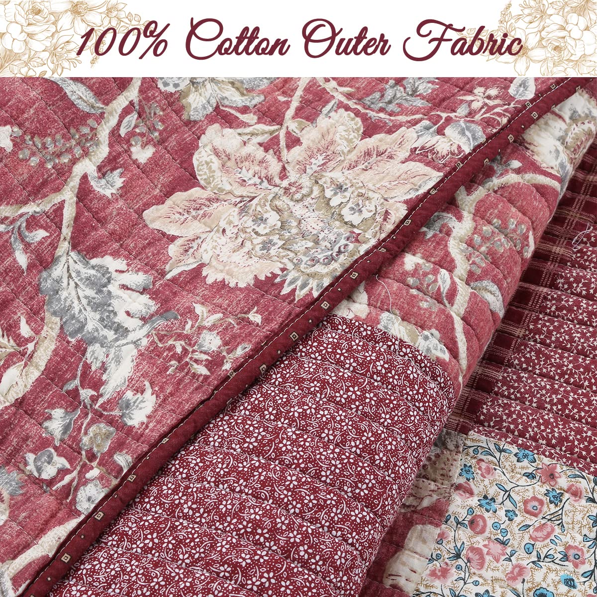 Cozy Line Home Fashions 100% Cotton Hand Piecing Real Patchwork Vintage Burgundy Rose Cottage Reversible Quilt Set, Coverlet Bedspread (Red Floral, King - 3 Piece)