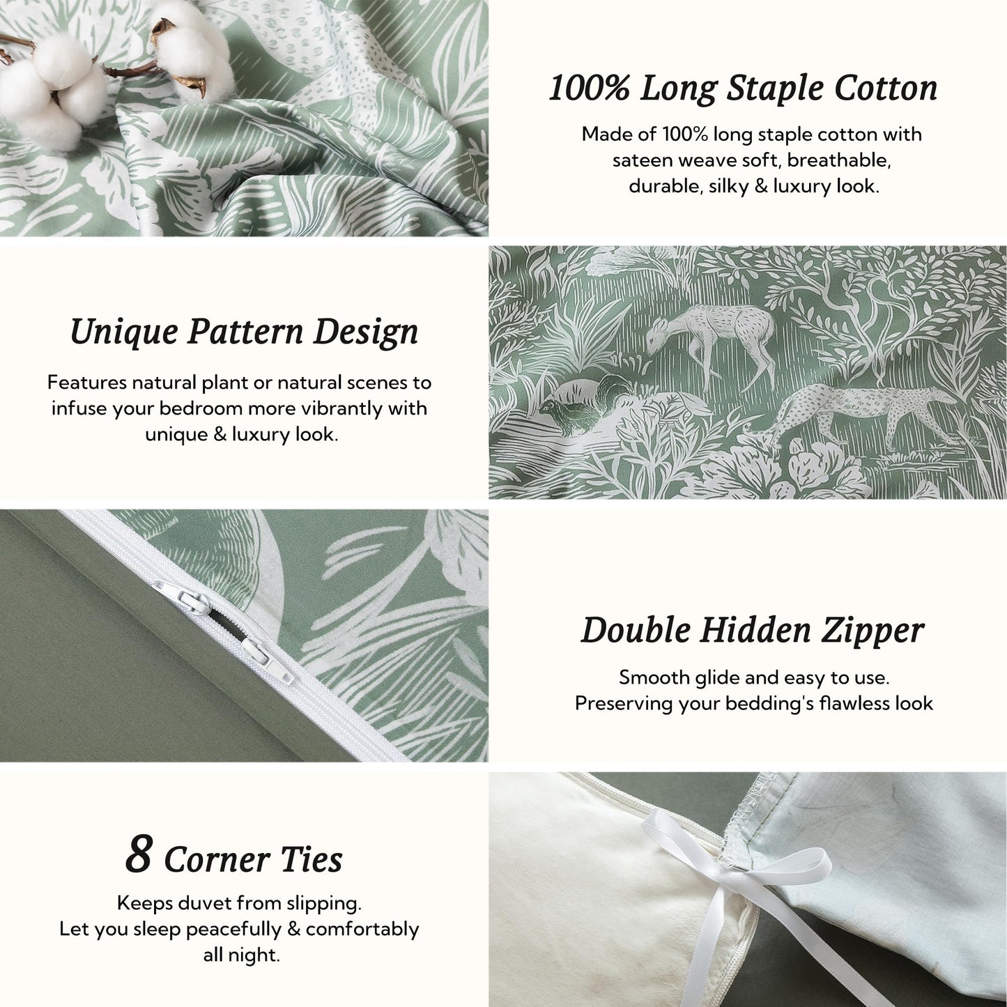 MILDLY Queen Size Duvet Cover Set 100% Long-Staple Cotton Luxury Green Floral Patten Reversible Comforter Cover Set 3Pcs