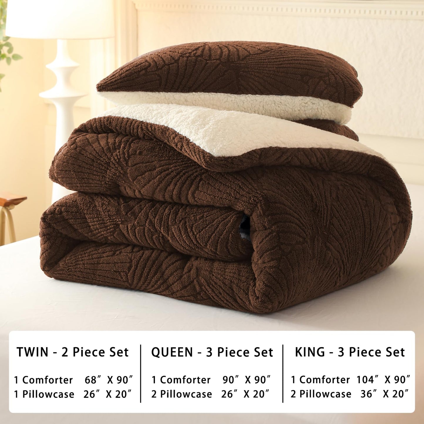 tohrisa Seashell Jacquard Sherpa Comforter Set Warm Cozy Premium Bedding 3 Pieces, King Size Geometric Pattern Quilt Comforter with 2 Pillowcases(104"X90" Coffee)