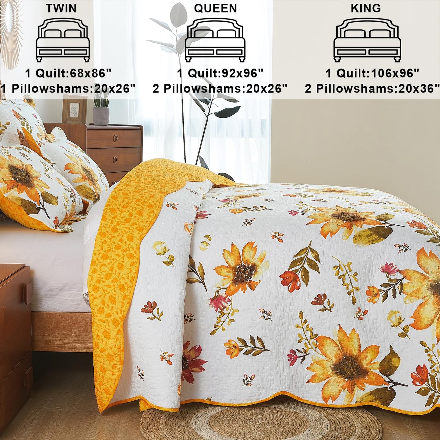 Cmfshape Floral Quilt Sets Bedspread Set,100% Cotton Yellow Sunflower Bedding Set,Reversible Lightweight Soft Bedspread Coverlet for All Season with 2 Pillow Shams(Queen 92"x96")