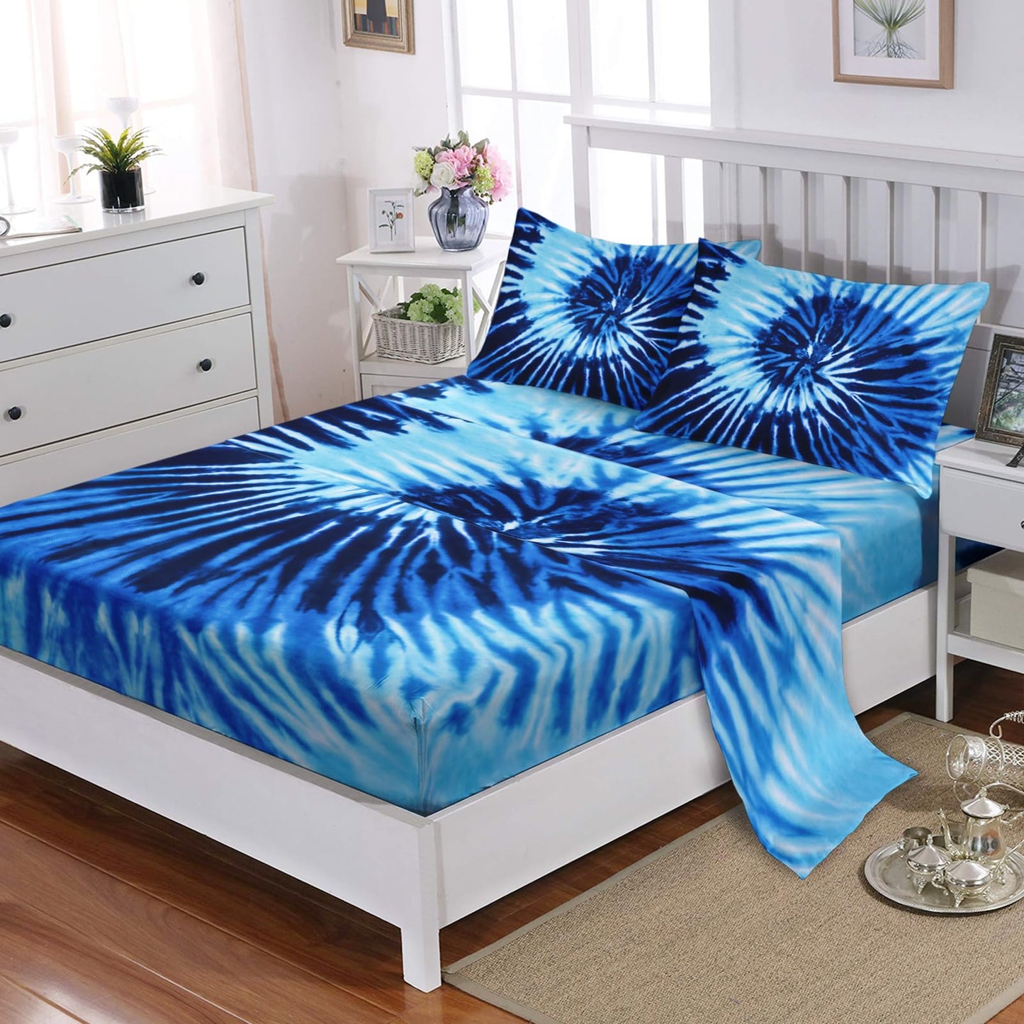 Nttopship Blue Tie-dye 4 Pieces Bed Sheet Sets Full Size Abstract Modern Art Bedding Sets with 16" Deep Pockets Graffiti Bedroom Decor,Bedding Set 4 PCS(1 Fitted+1 Flat+2 Pillowcases)