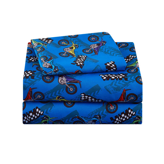 lasoftan Kids Sheet Set Twin Size, Twin Sheet Set with Motorcycle Pattern，Breathable Silky Soft Microfiber Kids Fitted Sheet