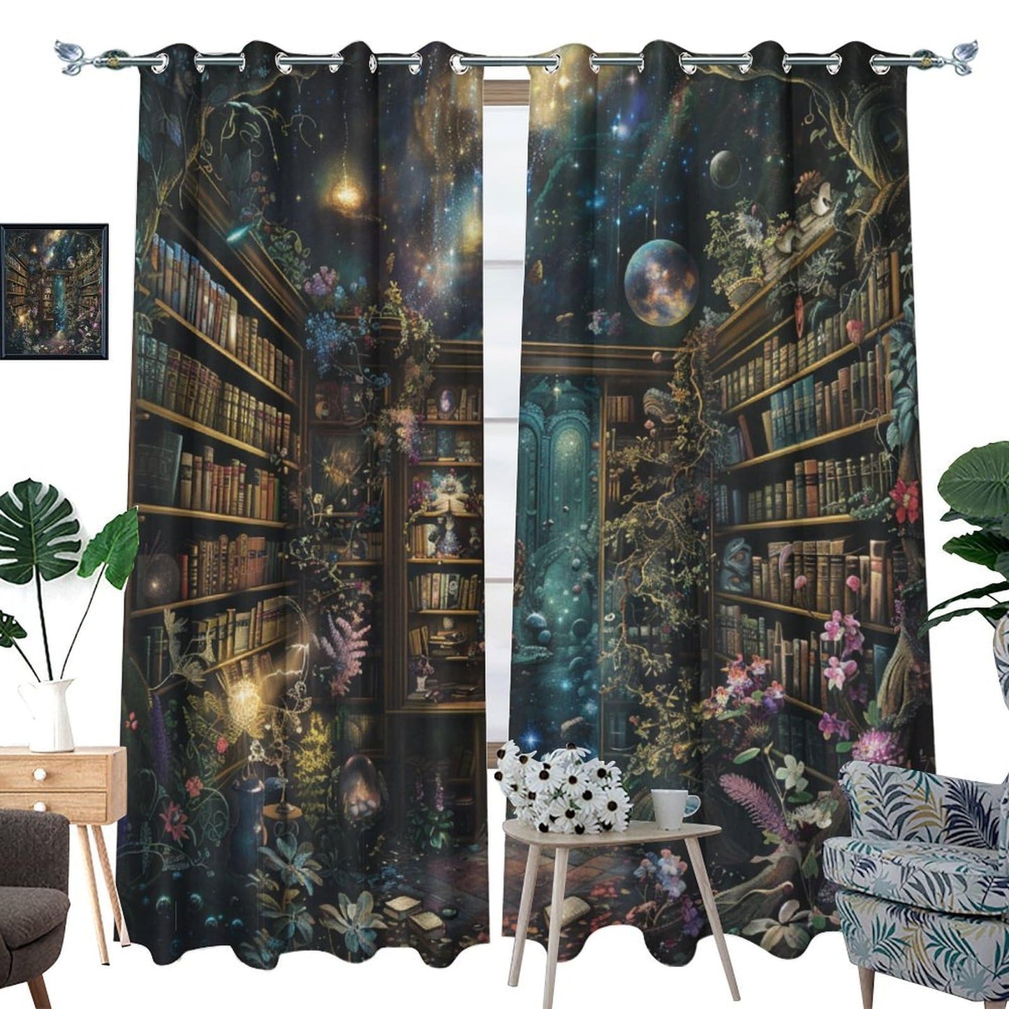 HDESDIS Vintage Library Blackout Curtains for Bedroom Living Room, Classic Floral Bookshelf Space Thermal Insulated Curtains Window Drapes with Grommet, 21W x 45L, 2 Panels
