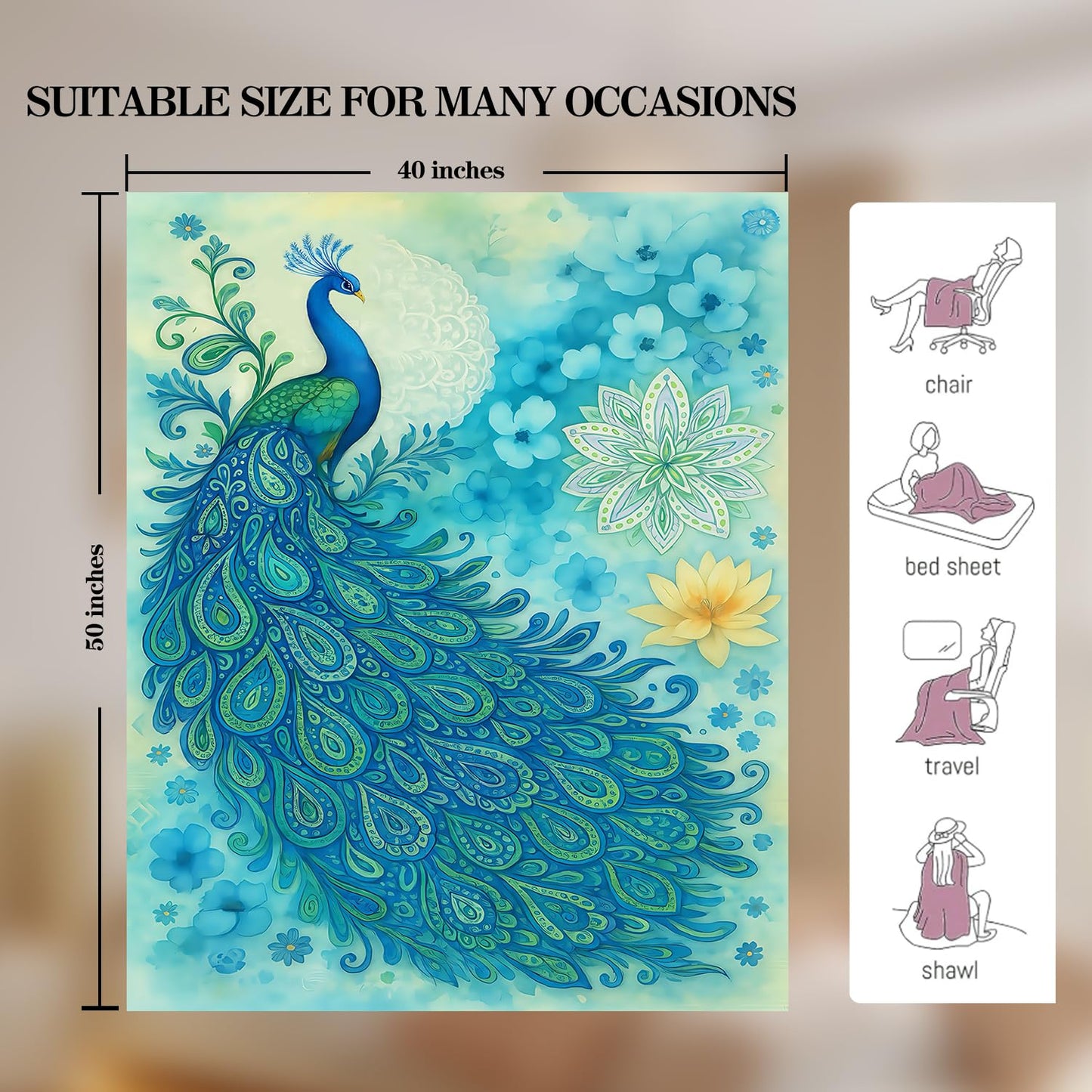 Peacock Blanket Peacock Fleece Throw Blanket Super Soft Fuzzy Plush Cozy Warm Peacocks Decor Stuffed Bedding Blankets Gift for Boys Girls Men Women Kids & Adult 50"x40"