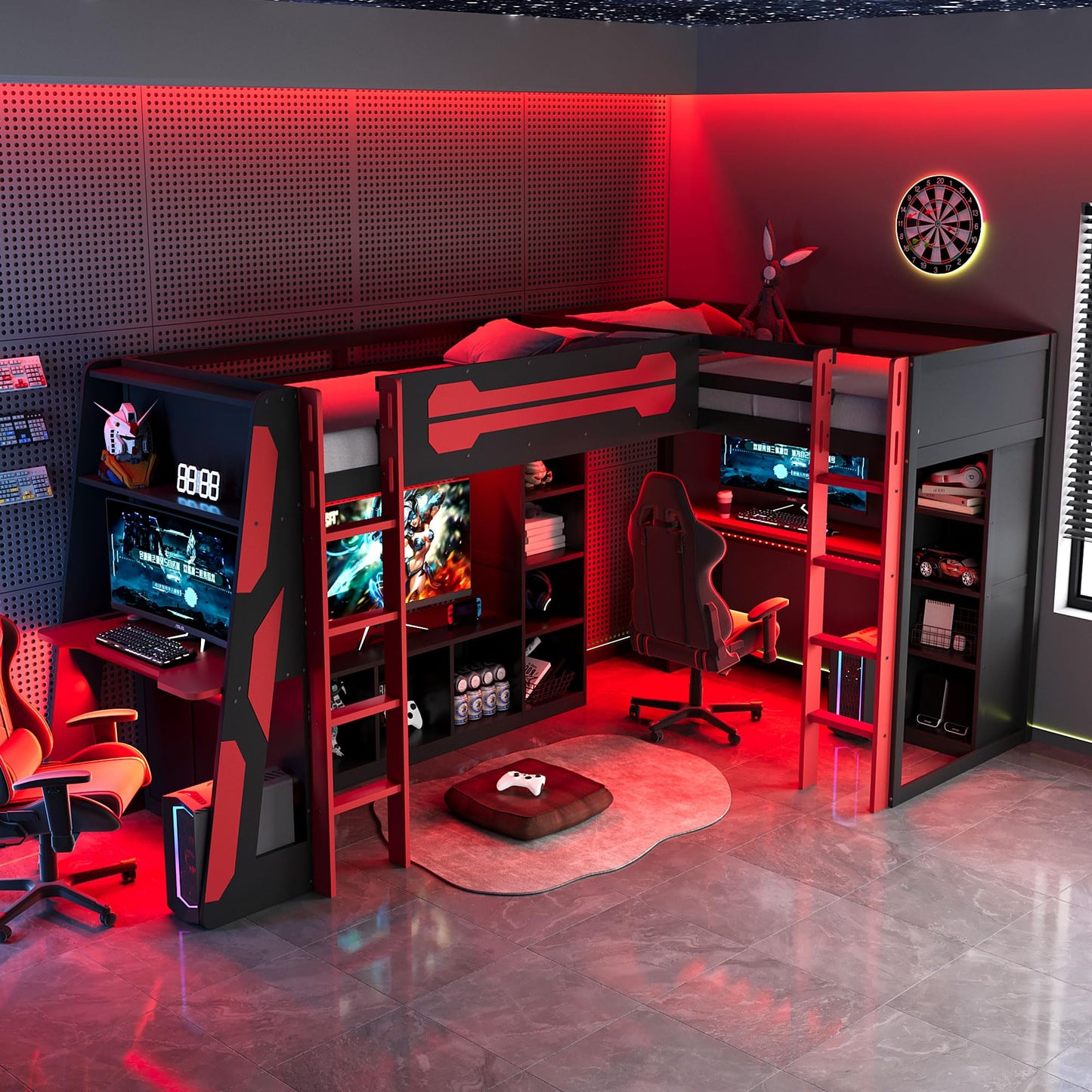HRJHLucky Twin Size L-Shaped Gaming Loft Bed with RGB LED Lights, USB Ports, TV Stand and Dual Beds, Wood Loft Bed Frame with Desk and Storage Shelves (Red)