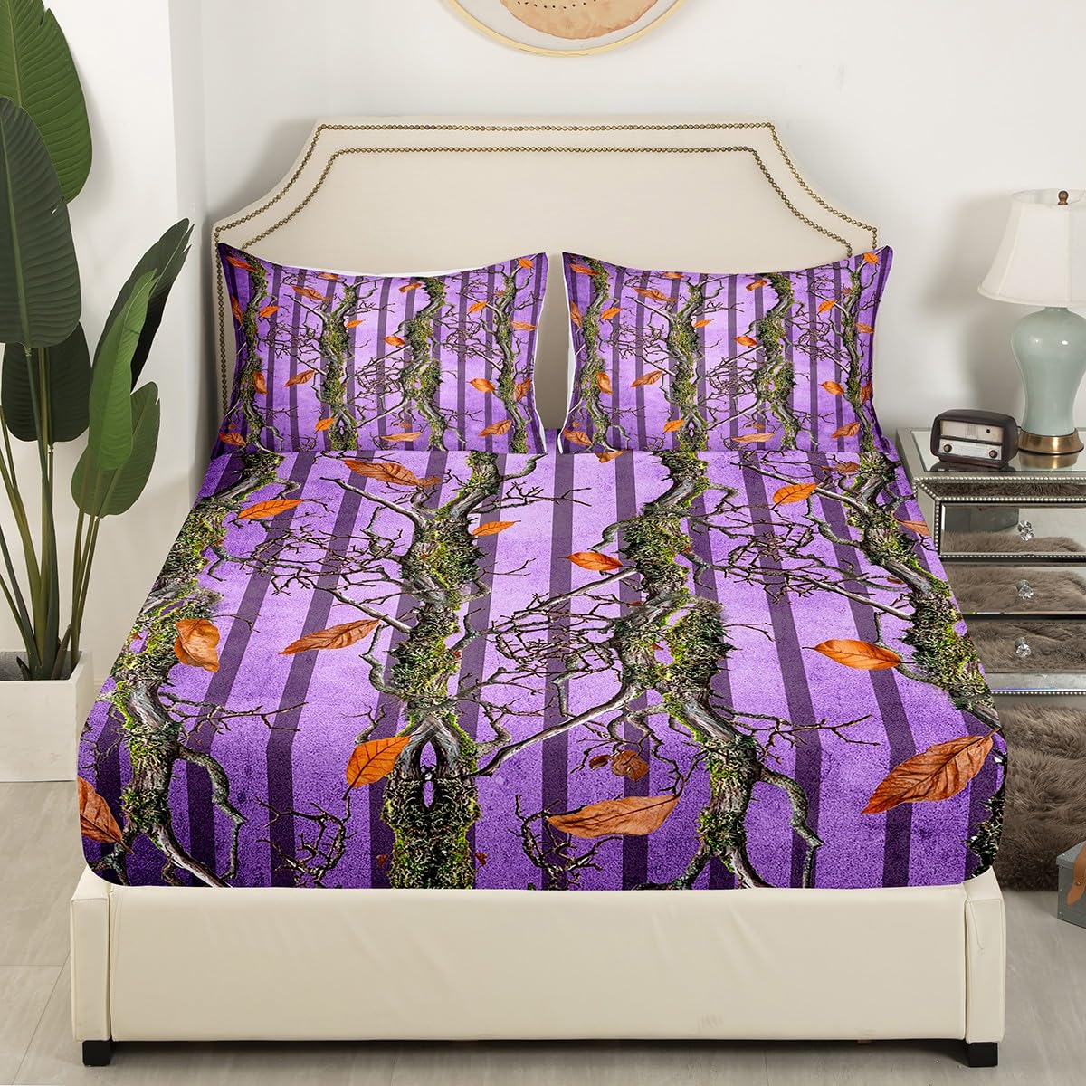 Tree Branches Kids Fitted Sheet Twin Size,Botanical Leaves Rustic Nature Bedding Set,Boys Girls Room Decor,Jungle Hunting Cabin Adventure Bed Cover,Purple Bed Sheet,1 Pillowcase(No Top Sheet)
