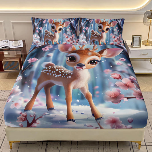 AILONEN Cute Deer Fitted Sheet Set Twin XL,Winter Snow Pink Blossom Bed Sheet + 2 Pillowcases,Cartoon Animal Sika Deer Bedding Set for Kids Girls,3Pcs