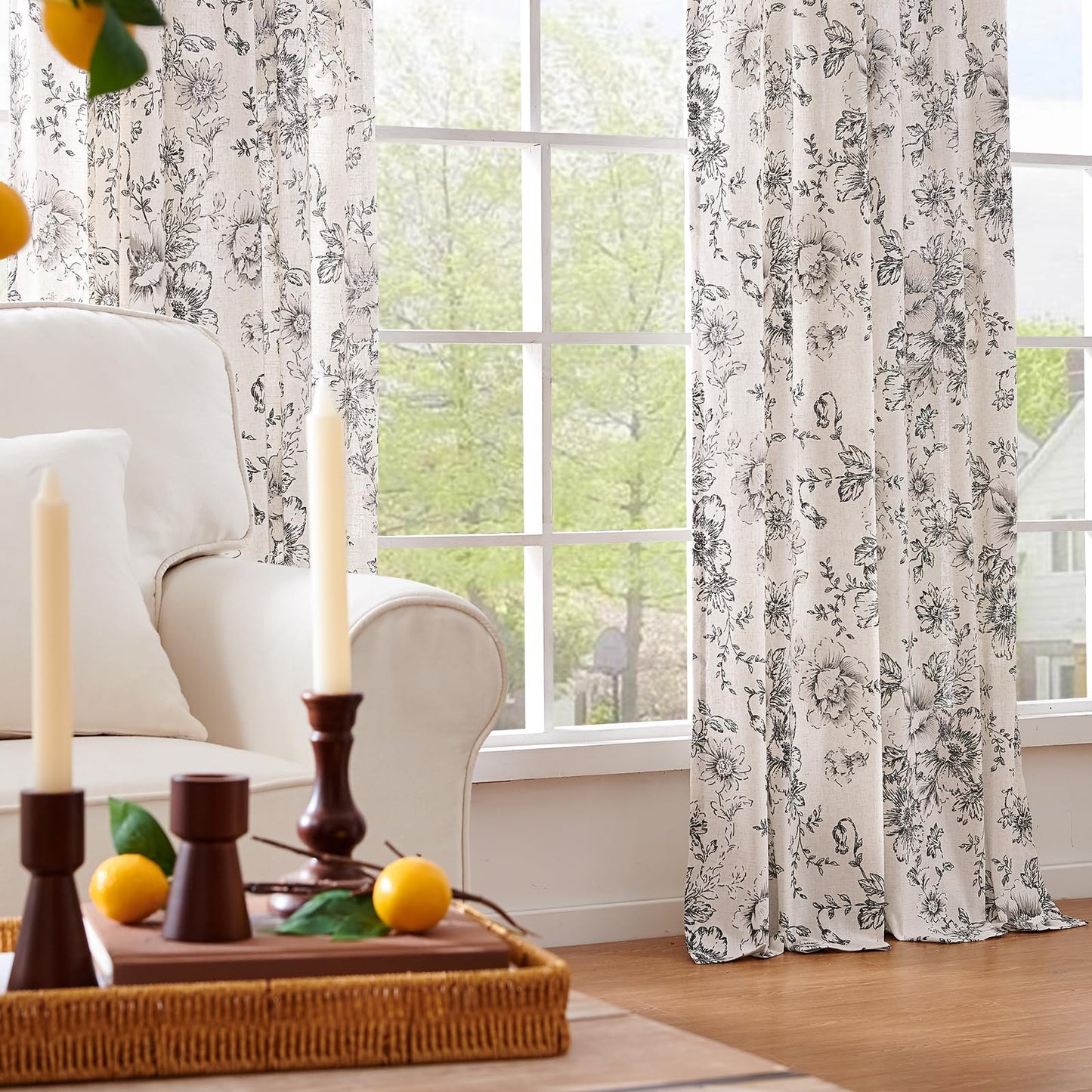 jinchan Floral Curtains for Living Room 84 Inch Length Farmhouse Printed Curtain Rod Pocket Back Tab Black Peony Flower Patterned Drapes Bedroom Window Curtains Set 2 Panels 25% Linen 75% Polyester