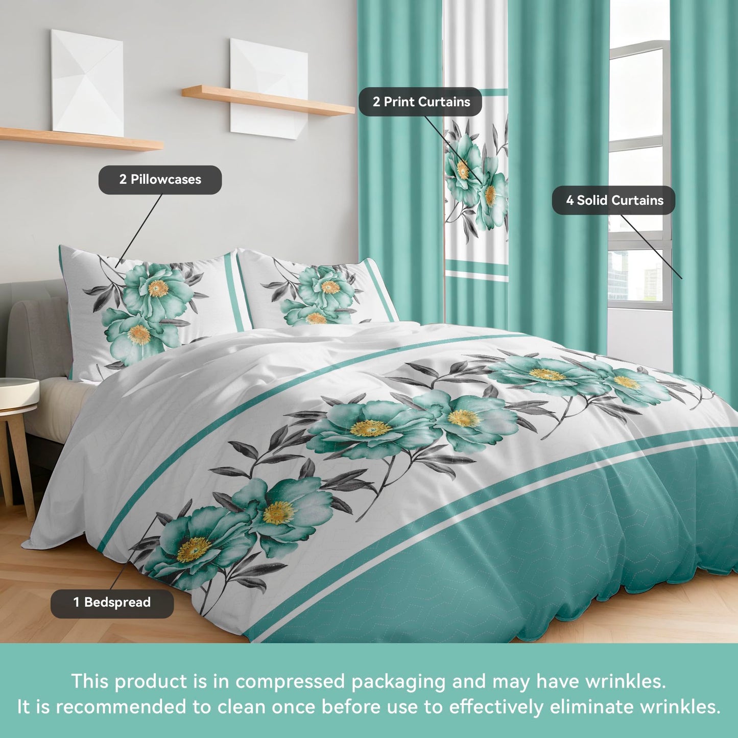 Deepsleep King Bedspread Set 9 Pieces, All Season Luxury Bed in a Bag for Bedroom, with 2 Pillowcases and 6 Curtains, Ultra-Soft Microfiber for Complete Bedroom Decor, Green Rose